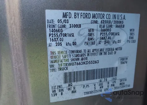 2003 Ford F-150 Lariat/Xlt z USA, uszkodzony, nr VIN 1FTRW07663KD55263